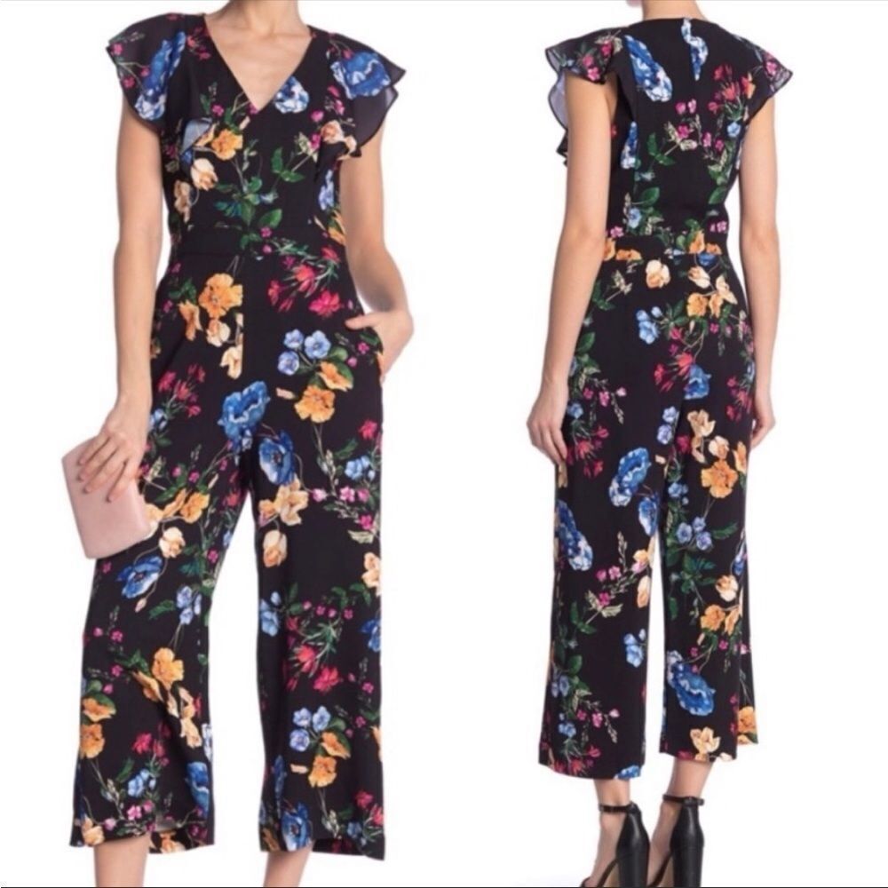 PARKER | Tommi Floral Flutter Sleeve Black Jumpsuit Cropped Women’s Size 6